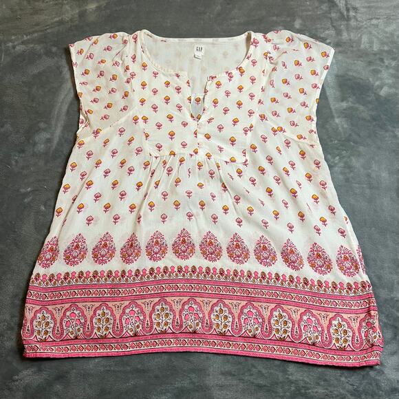 Gap Split Neck Cap Sleeve Floral Boho Print Blouse Size Small Colorful Festival - Picture 1 of 8